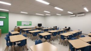 Imagem de uma escola com diretor e professores engajados em liderança pedagógica, promovendo gestão escolar eficaz e inovação.