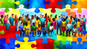 Uma ilustração colorida de várias etnias interagindo com peças de quebra-cabeça que representam o autismo.