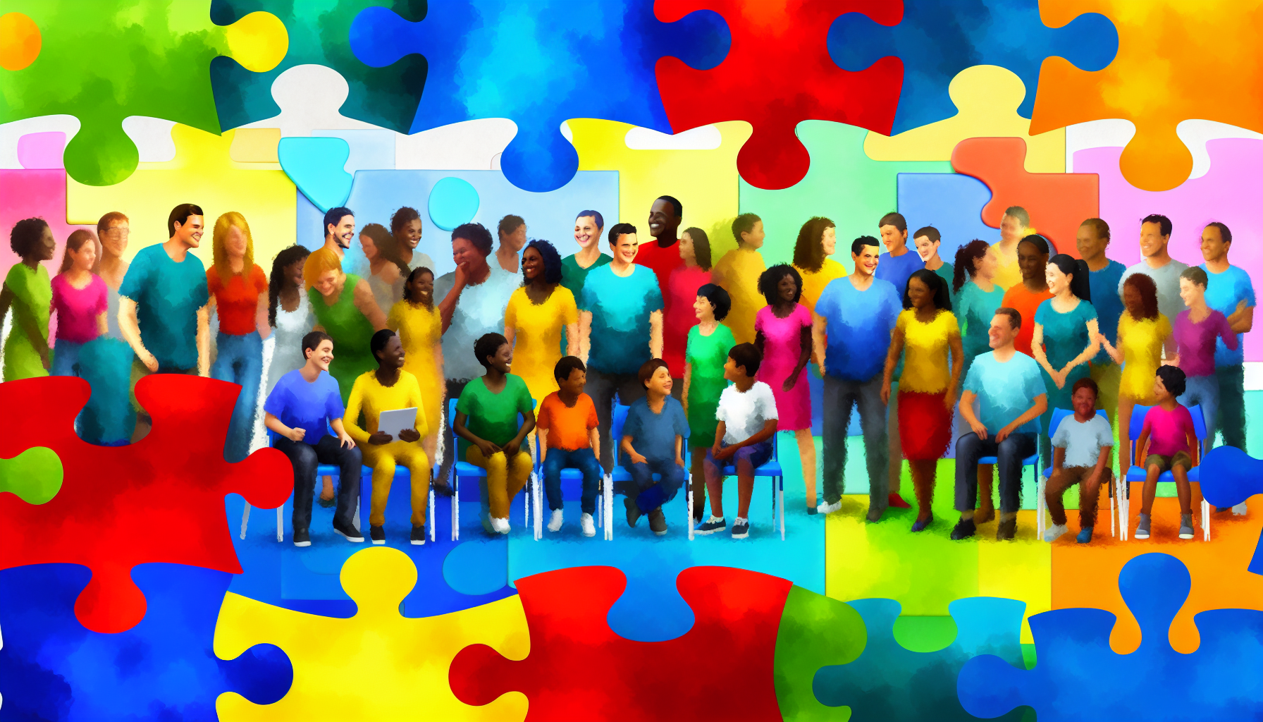 Uma ilustração colorida de várias etnias interagindo com peças de quebra-cabeça que representam o autismo.