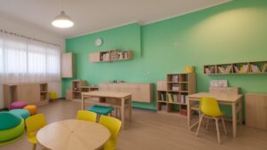 Alunos utilizando tablets e livros em uma sala de aula moderna de alfabetização e letramento.