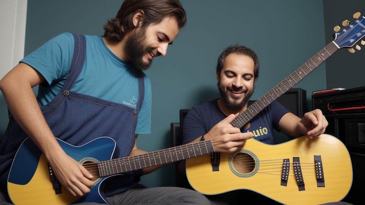 Alunos aprendendo guitarra em um curso online, com foco em acordes e escalas, ideal para iniciantes.