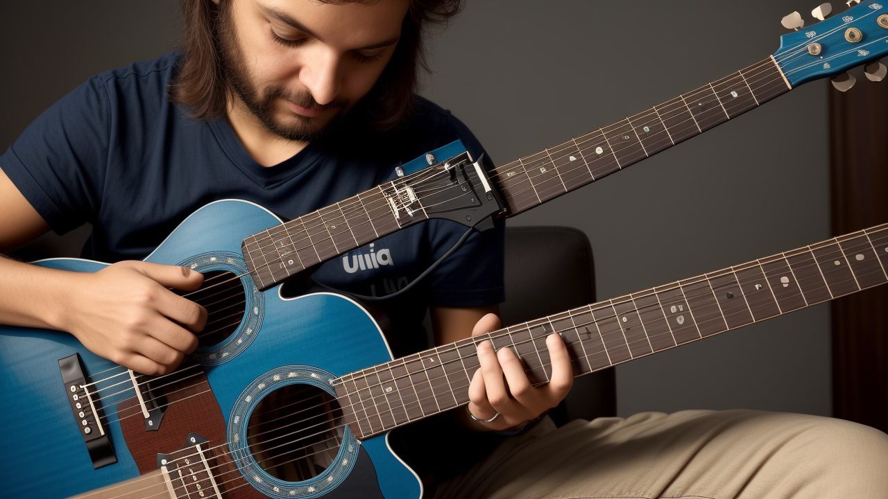 Mãos tocando guitarra em aula online, representando o curso de guitarra para iniciantes