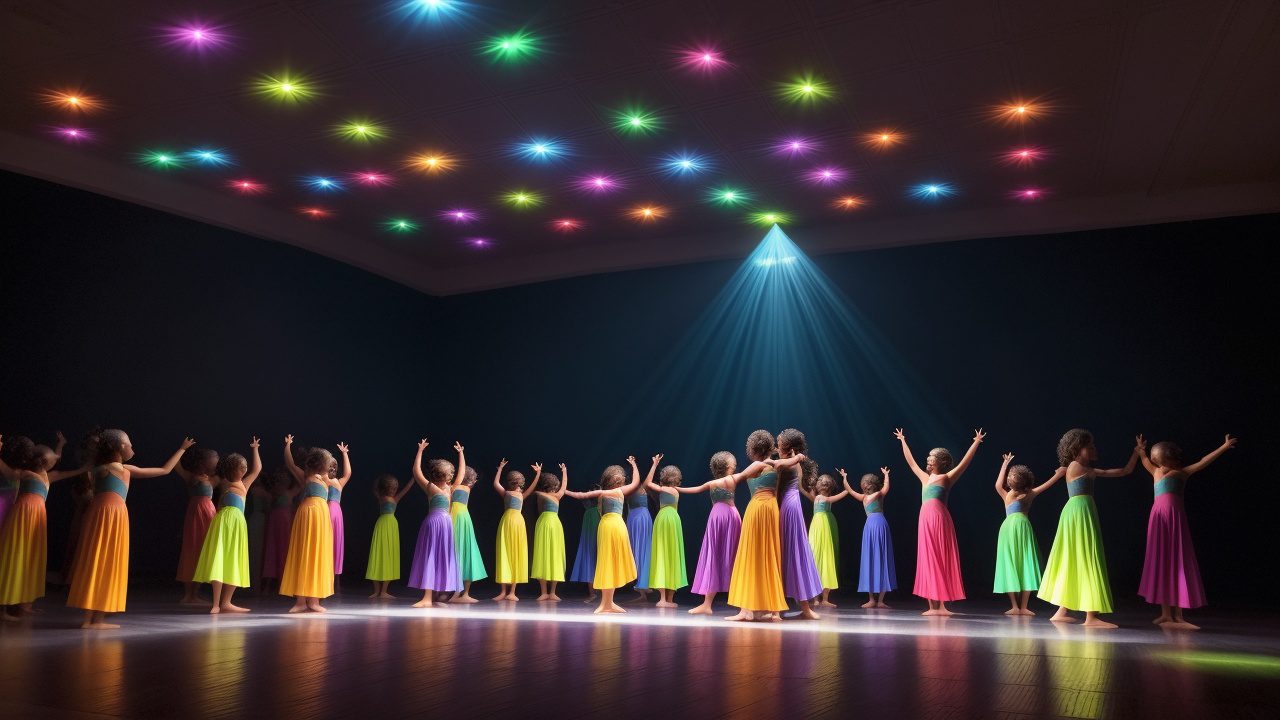 Imagem de aulas de dança, mostrando alunos felizes e aprendendo diferentes estilos de dança em um ambiente acolhedor e dinâmico.