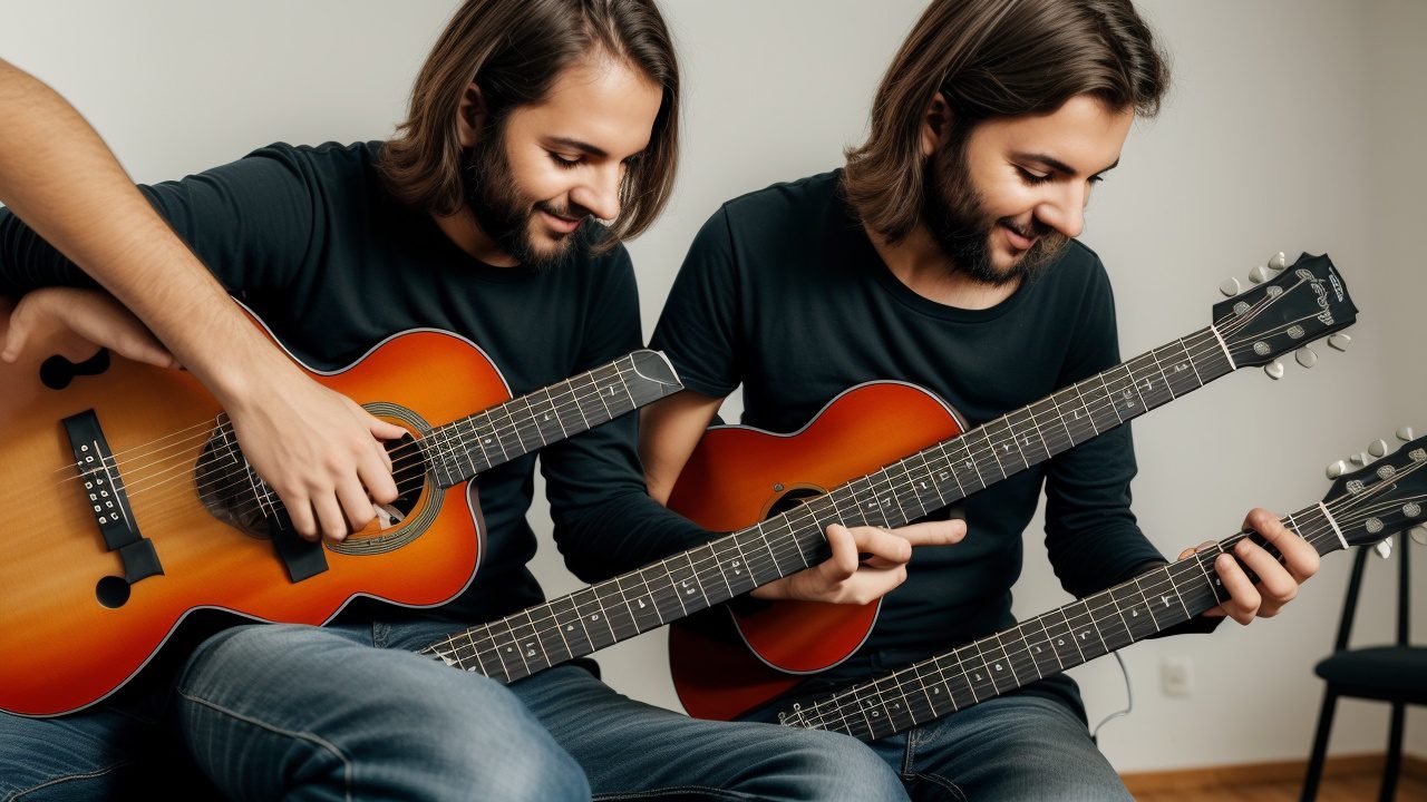 Imagem de um estudante aprendendo acordes de guitarra em uma aula, com um professor e outros instrumentos no fundo, destacando o aprendizado prático e o curso de guitarra.