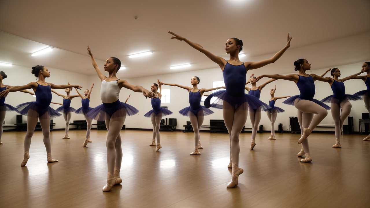 Alunos dançando em aula de dança, com foco em ballet e jazz, mostrando os benefícios da dança no ambiente escolar