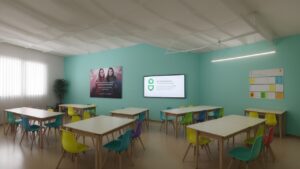 Imagem de alunos e professores em um ambiente escolar seguro e acolhedor, refletindo o tema do curso online de violência nas escolas.
