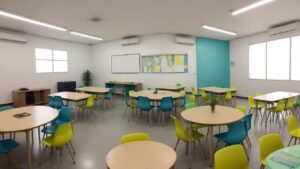 Coordenador pedagógico supervisionando e colaborando com professores em ambiente escolar moderno e integrado.