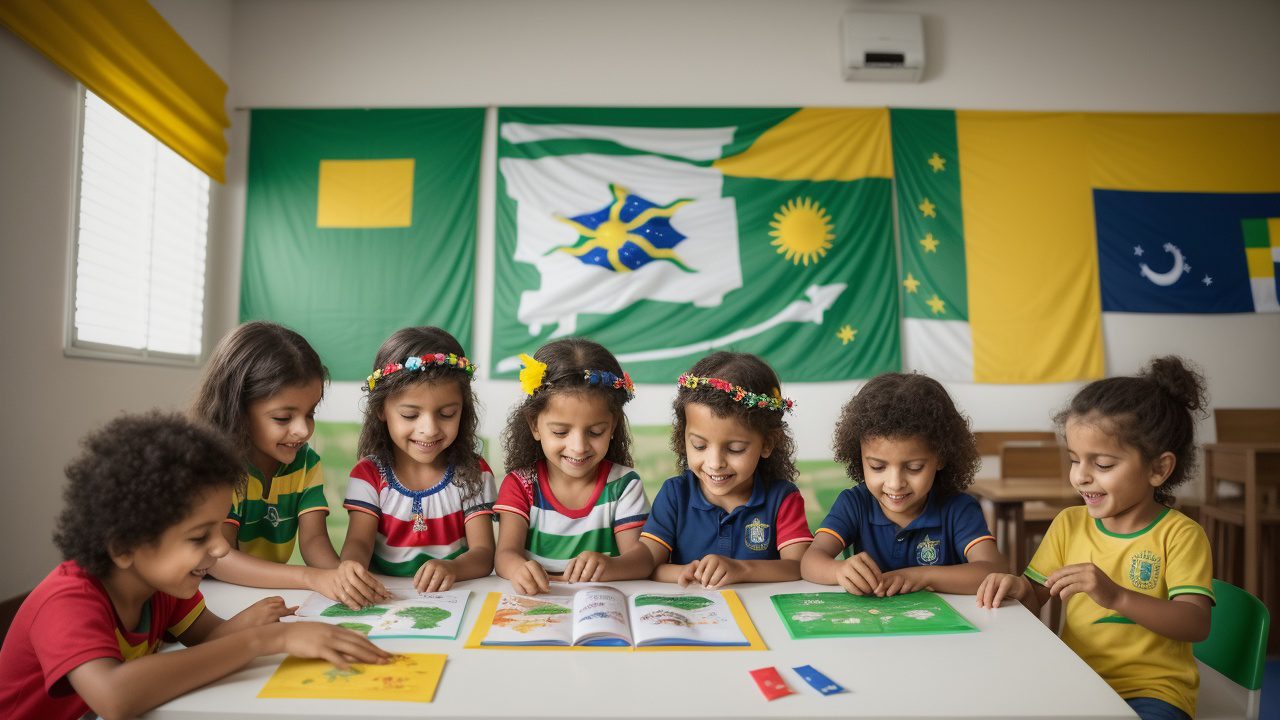 Crianças participando de atividades lúdicas e educativas para celebrar a Independência do Brasil na educação infantil, com bandeiras e fantasias.