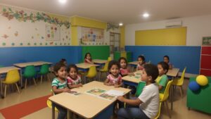 Crianças participando de atividades lúdicas e coloridas celebrando a Independência do Brasil em sala de aula, com bandeiras e símbolos nacionais.