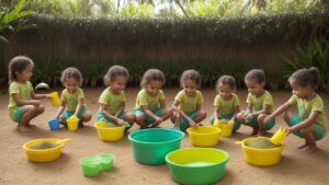 Crianças em atividade de plantio de mudas no Dia da Árvore, promovendo a educação ambiental e a conexão com a natureza.