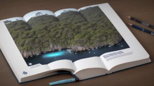 Representação visual do estudo do Direito Penal, com livros, um tribunal ao fundo e um mapa mental com os elementos do crime.