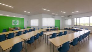 Imagem celebrando o Dia do Professor, mostrando um professor sorrindo e interagindo com alunos em uma sala de aula ensolarada, simbolizando a importância da educação.
