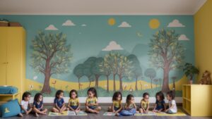 Crianças participando de atividades lúdicas sobre a Proclamação da República em sala de aula, com jogos e dramatizações