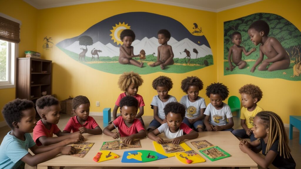 Crianças participando de atividades lúdicas e culturais para celebrar o Dia da Consciência Negra na educação infantil