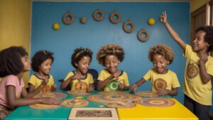 Crianças participando de atividades lúdicas e jogos educativos sobre cultura afro-brasileira em sala de aula, promovendo a consciência negra.