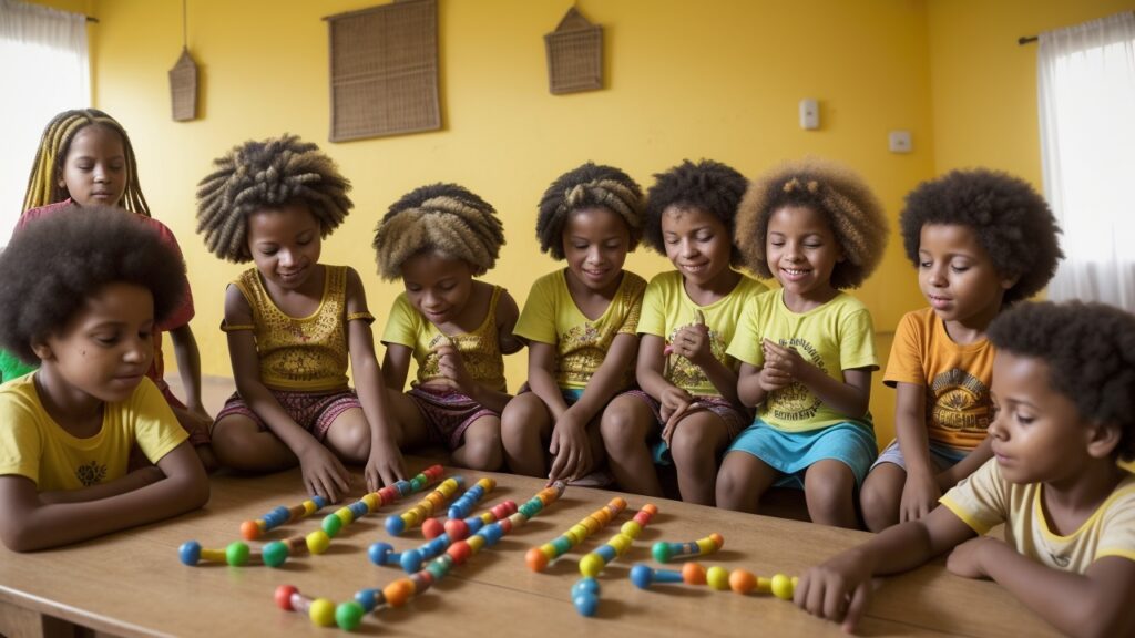 Crianças participando de atividades lúdicas e interativas sobre consciência negra em sala de aula, promovendo a cultura afro-brasileira.
