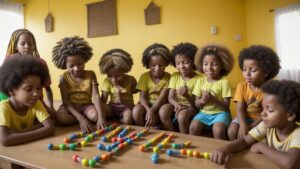 Crianças participando de atividades lúdicas e interativas sobre consciência negra em sala de aula, promovendo a cultura afro-brasileira.