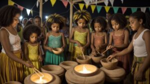 Crianças e adultos celebrando a cultura afro-brasileira em um evento do Dia da Consciência Negra, com símbolos de respeito e igualdade.
