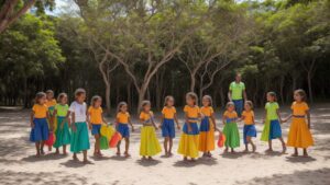 Cena mostrando ações de promoção da saúde em uma comunidade vibrante e engajada, com foco em campanhas e programas de bem-estar.