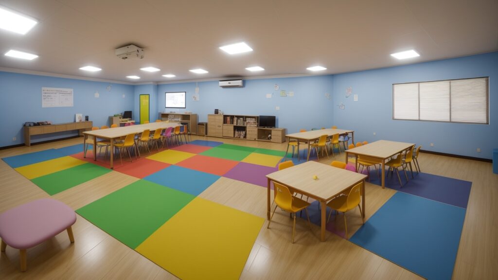 Crianças e educadores em sala de aula discutindo temas transversais e projetos interdisciplinares, promovendo aprendizado integrado.