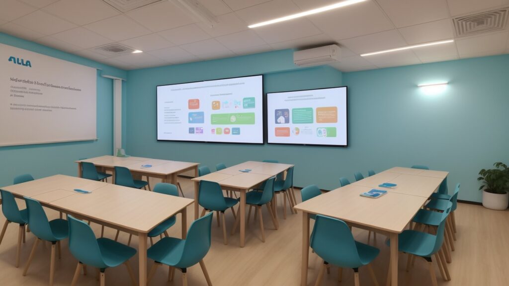 Agente de apoio escolar auxiliando alunos com necessidades especiais numa sala de aula inclusiva e acolhedora