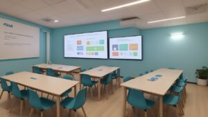 Agente de apoio escolar auxiliando alunos com necessidades especiais numa sala de aula inclusiva e acolhedora