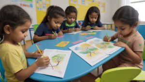 Sala de aula infantil com educadora planejando atividades lúdicas e metodologias ativas segundo a BNCC
