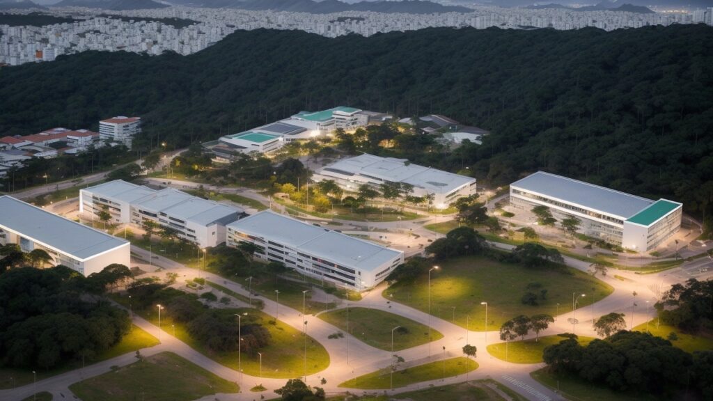 Campus moderno da Uergs com estudantes e professores em ambiente educacional público e inclusivo