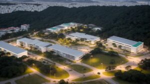 Campus moderno da Uergs com estudantes e professores em ambiente educacional público e inclusivo