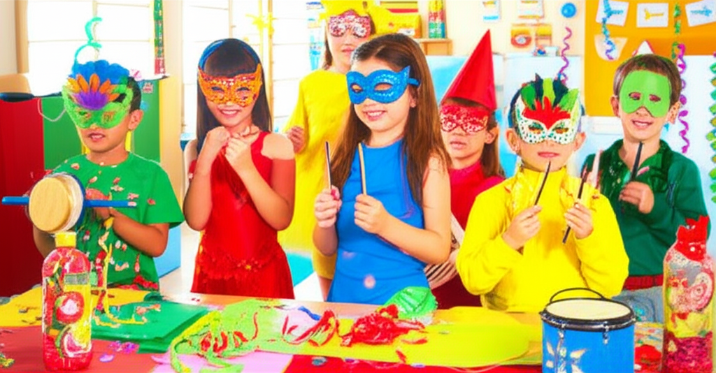 Crianças na educação infantil confeccionando máscaras coloridas e tocando instrumentos musicais em atividade de Carnaval lúdica e educativa
