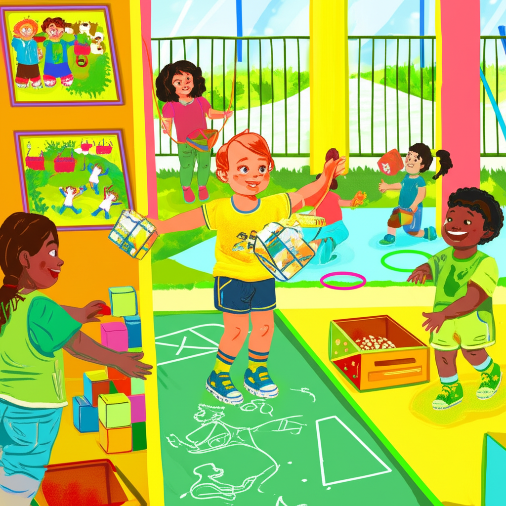 Crianças em atividades lúdicas na educação infantil, brincando e aprendendo juntas com materiais simples