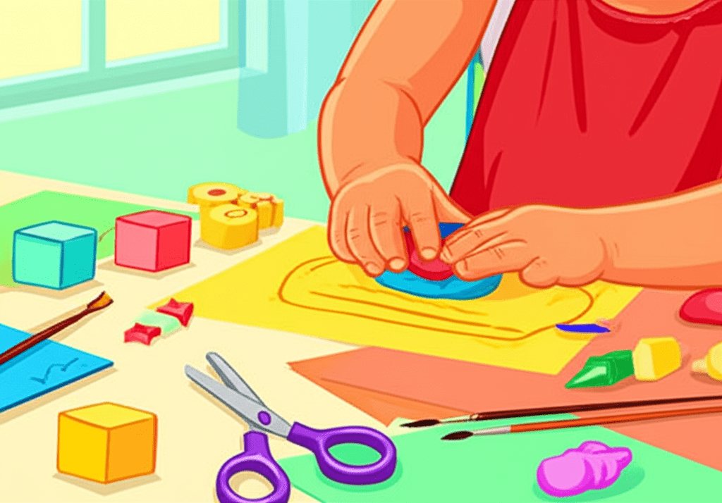 Criança em educação infantil realizando atividades de coordenação motora fina com massinha, pintura e quebra-cabeças