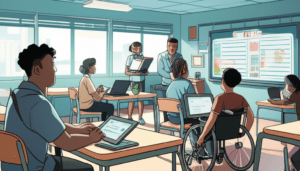 Sala de aula inclusiva com professor e alunos com necessidades especiais utilizando recursos de apoio educacional especializado