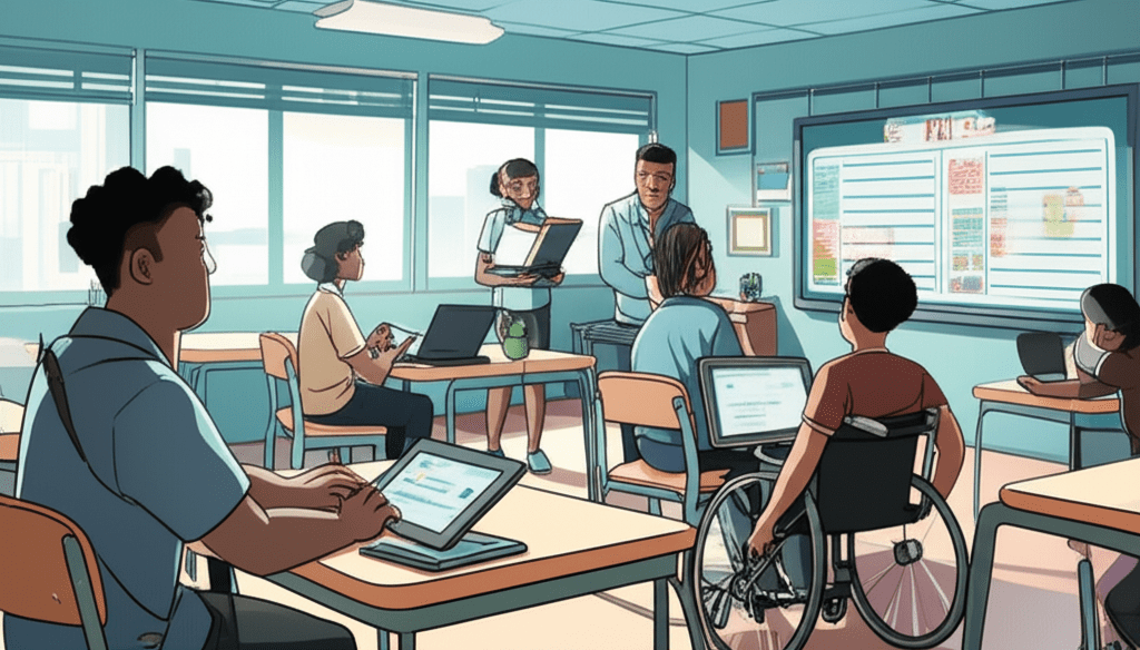 Sala de aula inclusiva com professor e alunos com necessidades especiais utilizando recursos de apoio educacional especializado