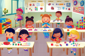 Crianças brincando com blocos coloridos e materiais lúdicos para aprender matemática na educação infantil