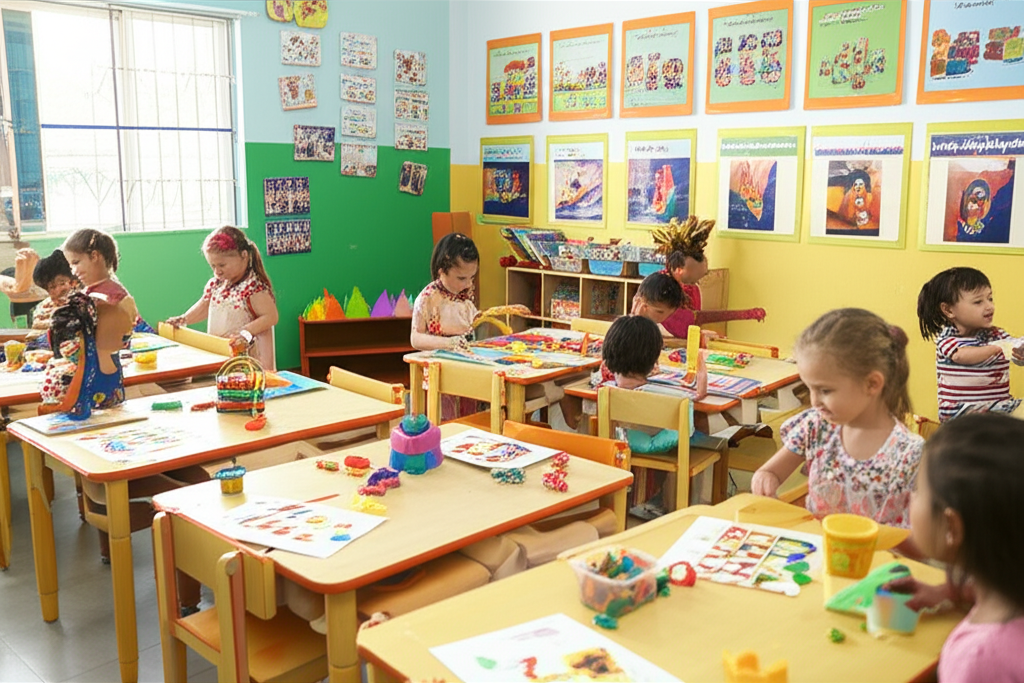 Sala de aula colorida com crianças de 4 e 5 anos envolvidas em atividades lúdicas alinhadas à BNCC