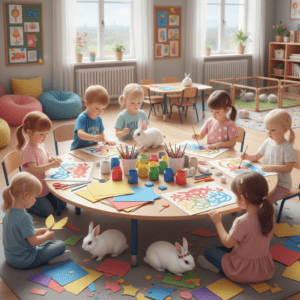 Crianças realizando atividades lúdicas com tema de coelho na educação infantil.