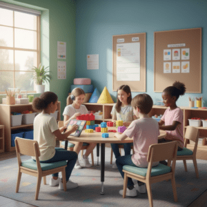 Crianças em sala de aula participando de atividades inclusivas para autismo.