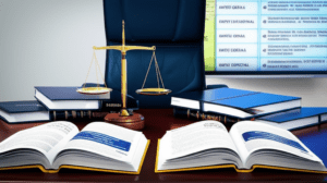 Ilustração da estrutura do Código Penal brasileiro com livros jurídicos, balança da justiça e artigos legais destacados