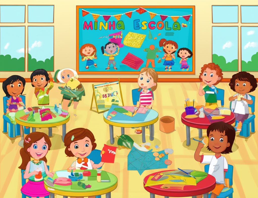 Crianças na educação infantil participando de atividades criativas e lúdicas para celebrar o Dia da Escola
