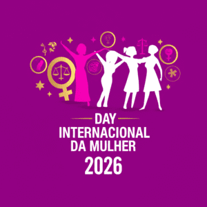 Ilustração vibrante celebrando o Dia Internacional da Mulher 2026 com símbolos de força, igualdade e empoderamento feminino
