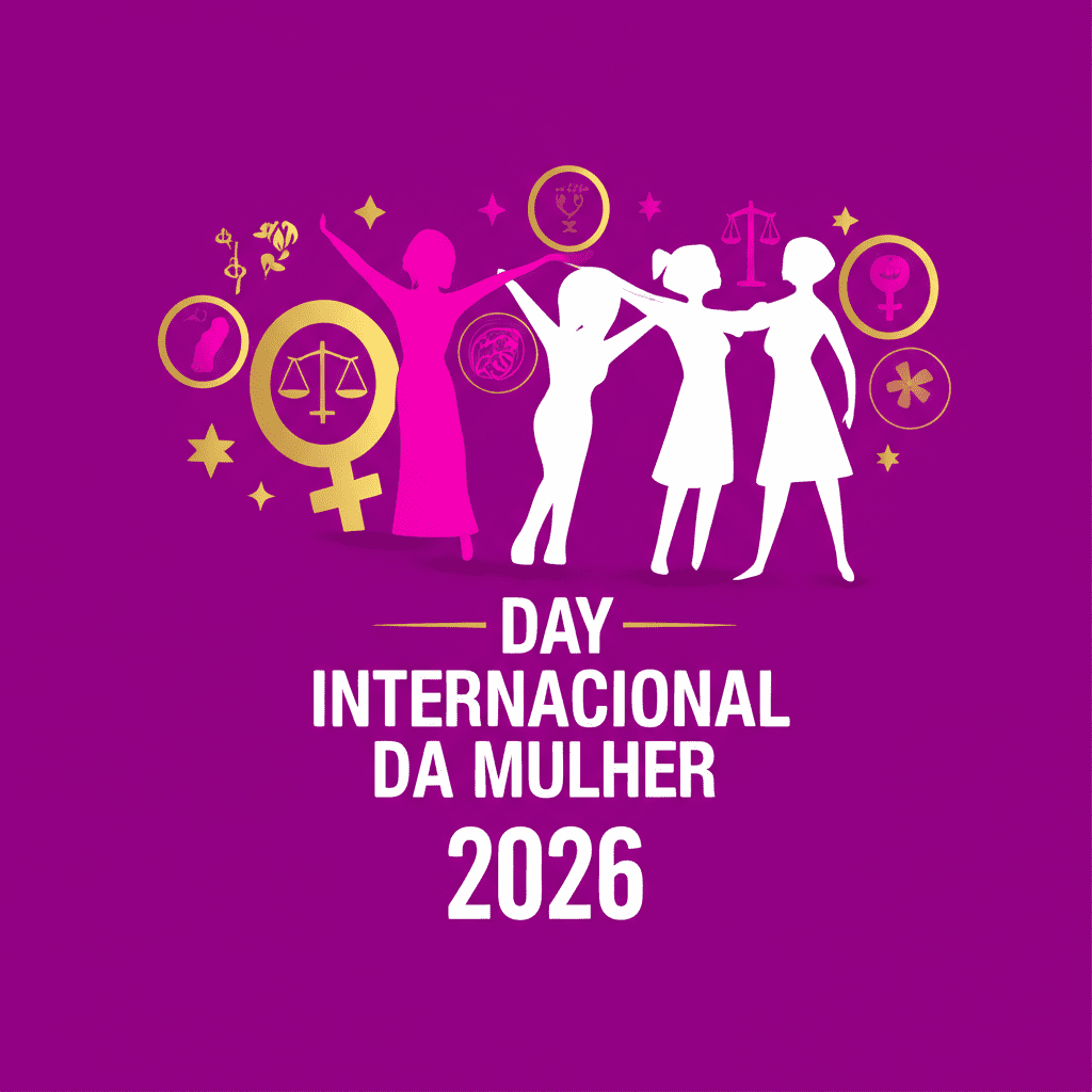 Ilustração vibrante celebrando o Dia Internacional da Mulher 2026 com símbolos de força, igualdade e empoderamento feminino