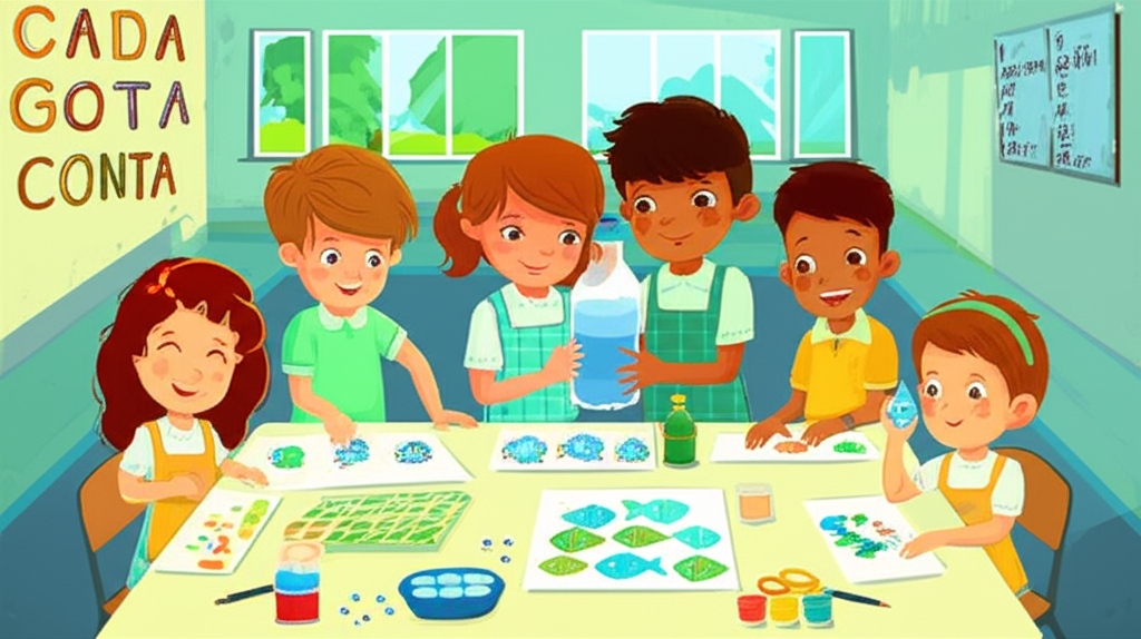 Crianças em sala de aula realizando atividades lúdicas sobre o Dia Mundial da Água com experimentos e artes