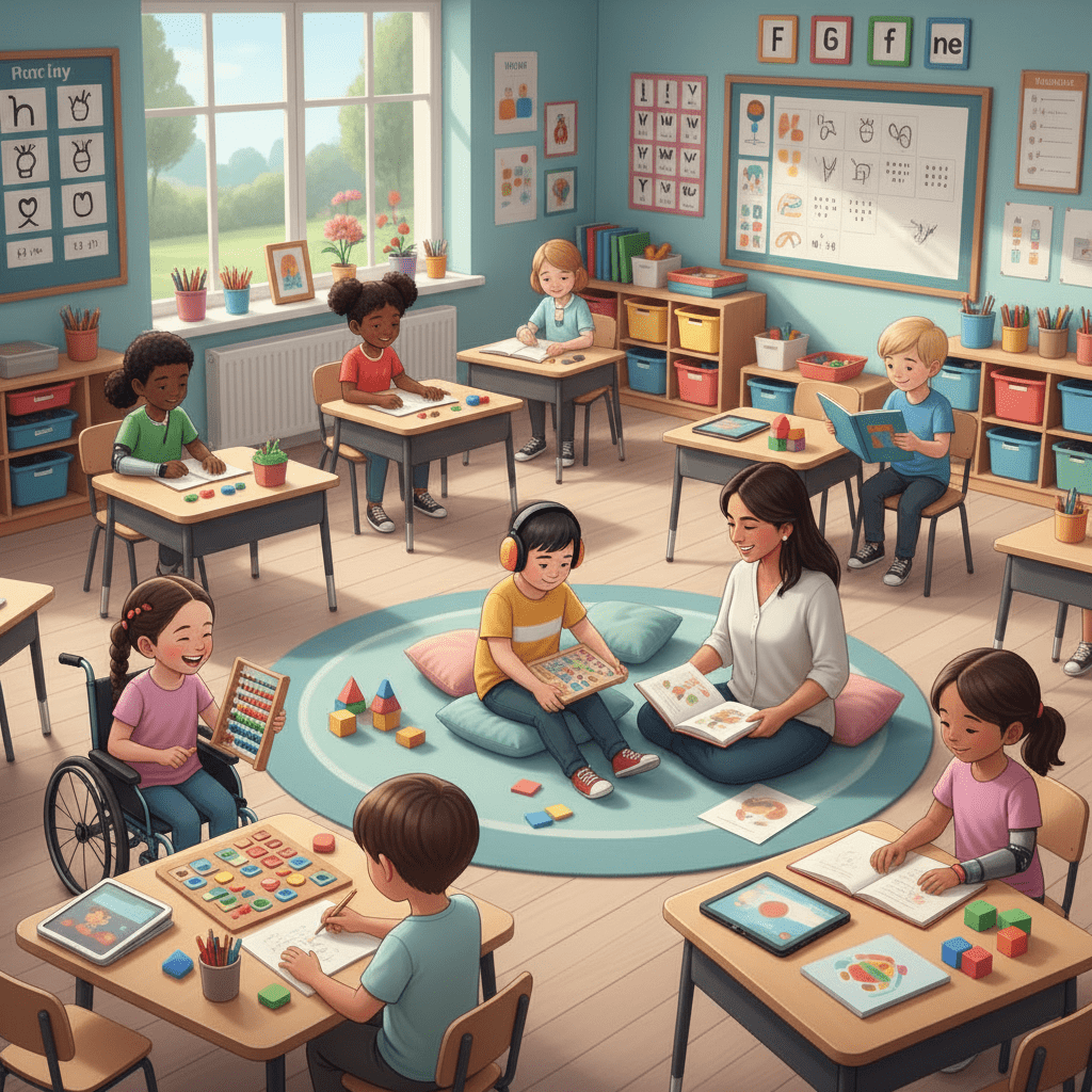 Imagem ilustrativa sobre educação inclusiva, mostrando alunos diversos em uma sala de aula colaborativa.