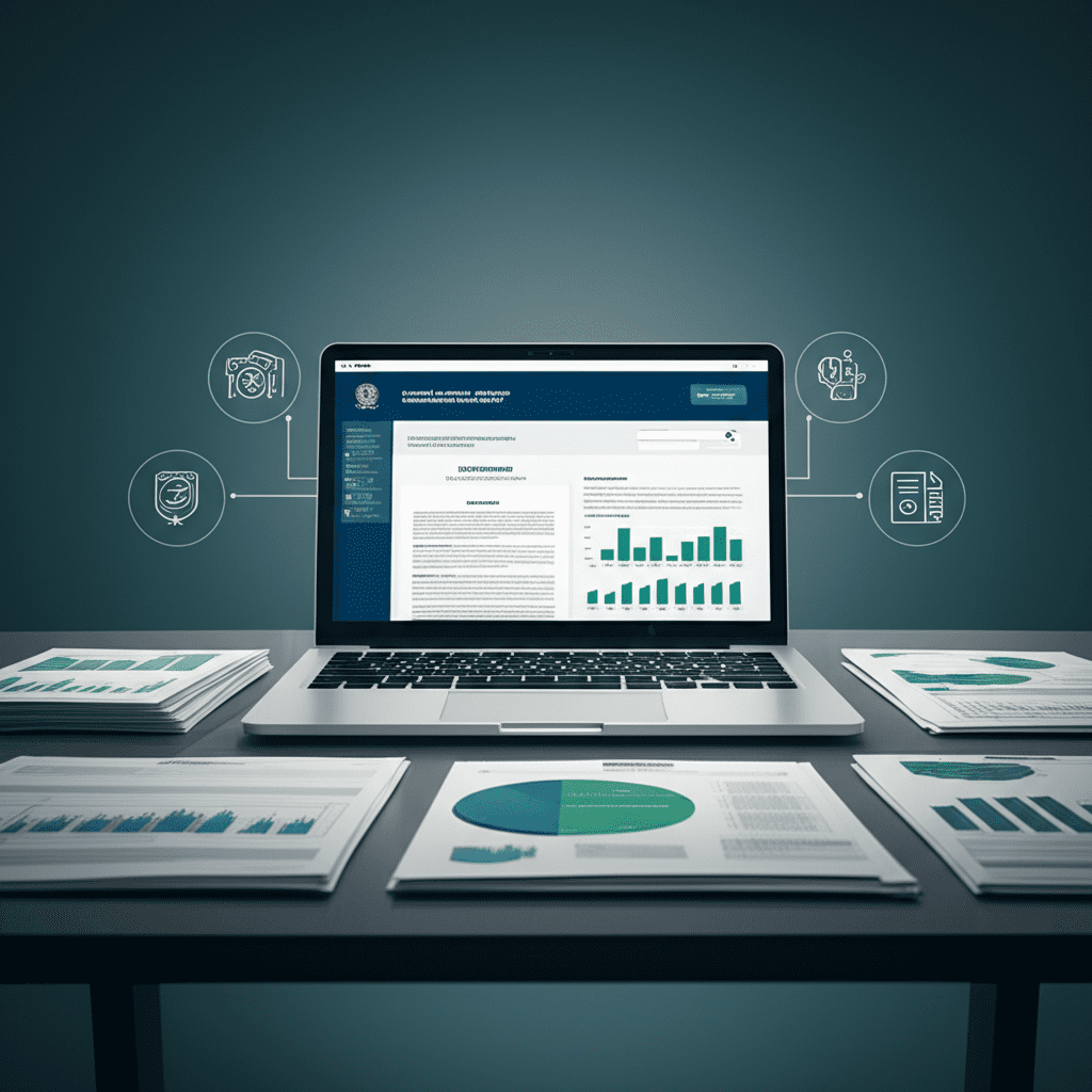Ilustração de documentos oficiais e contratos representando a Lei 14.133 de licitações públicas no Brasil