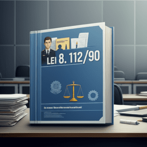 Ilustração representando a Lei 8.112/90 com ícones de servidores públicos, documentos legais e justiça