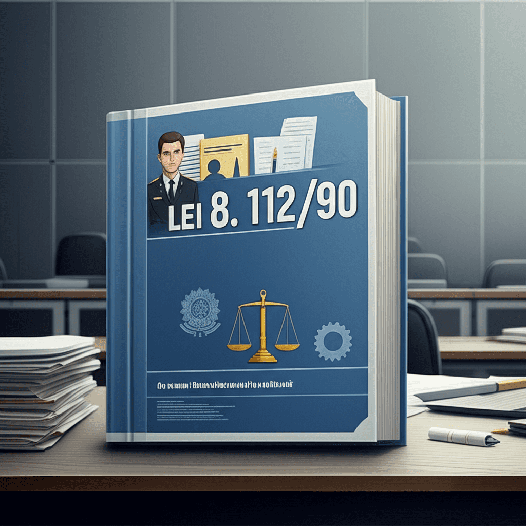 Ilustração representando a Lei 8.112/90 com ícones de servidores públicos, documentos legais e justiça