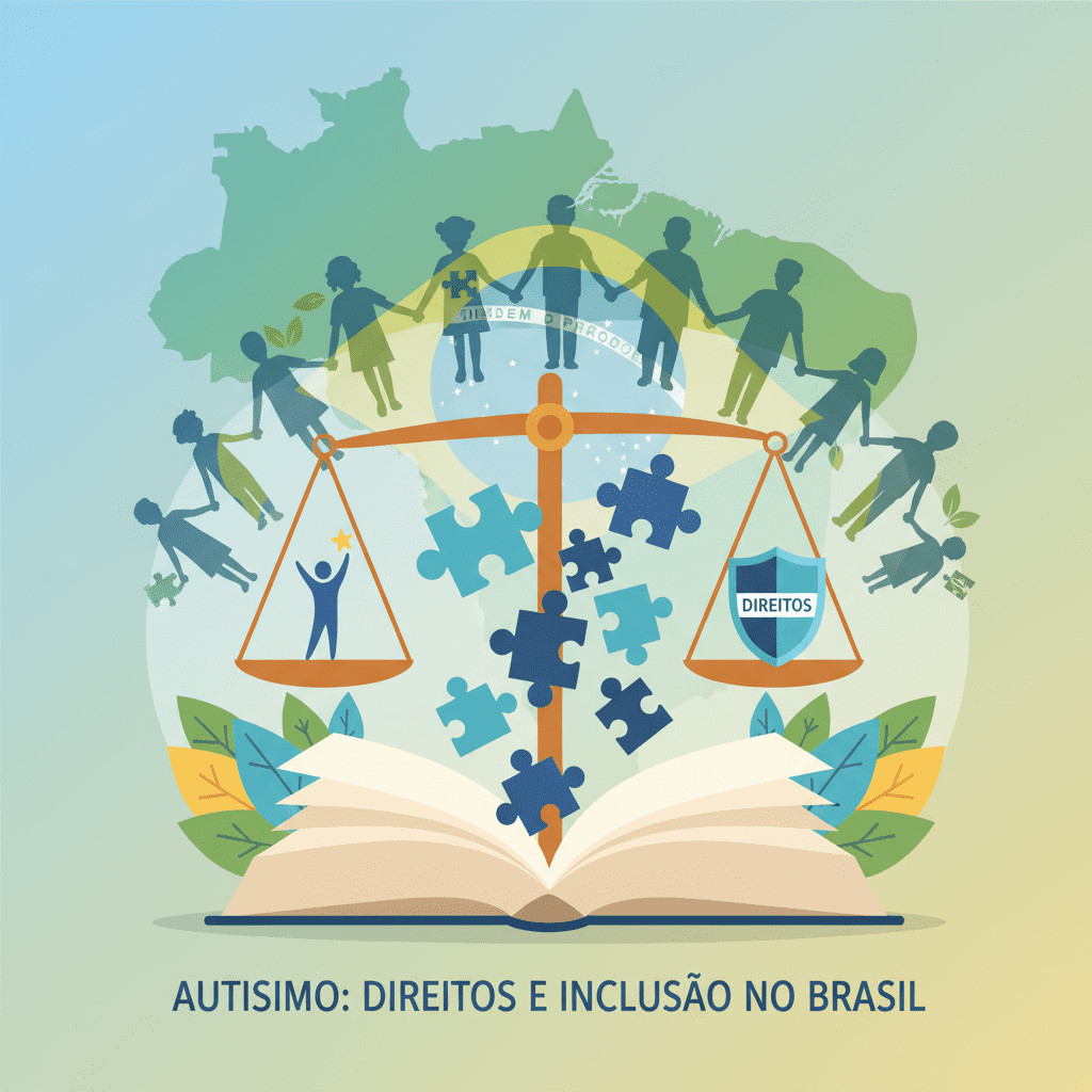 Ilustração representando a Lei Berenice Piana com símbolos de inclusão, educação e direitos das pessoas com Transtorno do Espectro Autista