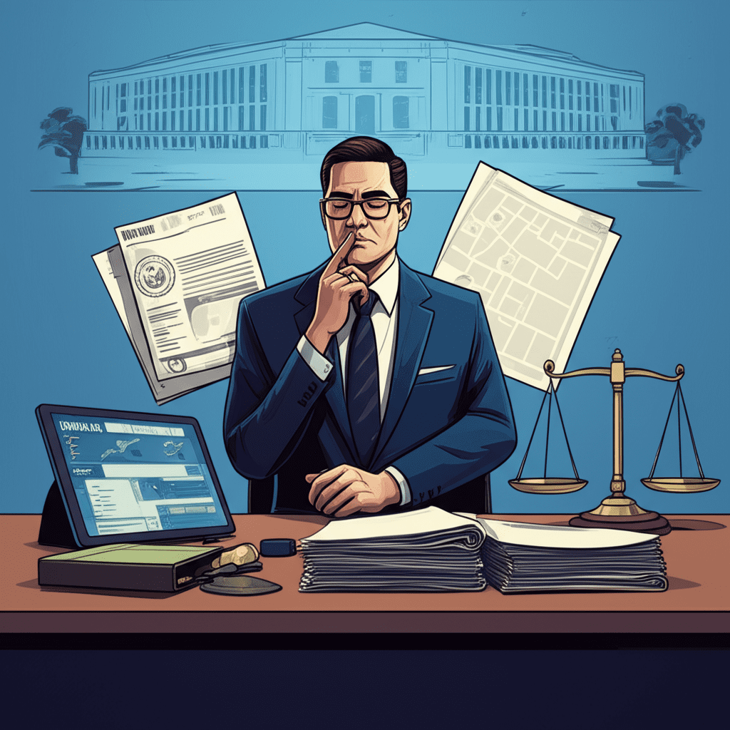 Ilustração representando o poder discricionário na administração pública com elementos simbólicos da gestão e decisão pública