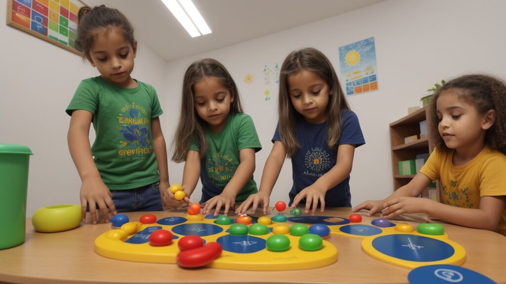 Ambiente escolar ilustrando os quatro pilares da educação infantil com crianças em atividades sociais, emocionais, cognitivas e físicas